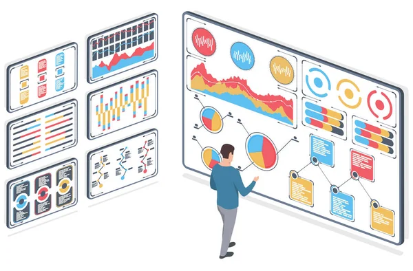 Hombre con datos estadísticos. Infografía presentada en forma de gráficos digitales y gráficos en tableta. Concepto de negocio de análisis financiero en pantalla. Estadísticas de ventas. Ilustración vectorial, isométrica . — Archivo Imágenes Vectoriales