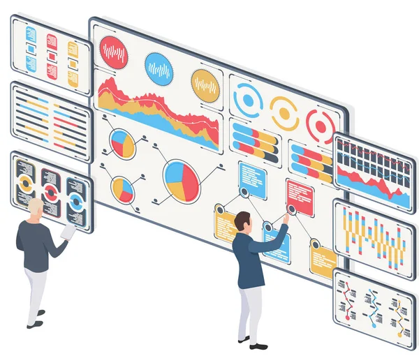 Männer mit statistischen Daten. Infografik in Form digitaler Grafiken und Diagramme auf dem Tablet. Finanzanalyse Business-Konzept auf dem Bildschirm. Verkaufsstatistiken. Vektor-Illustration, isometrisch. — Stockvektor