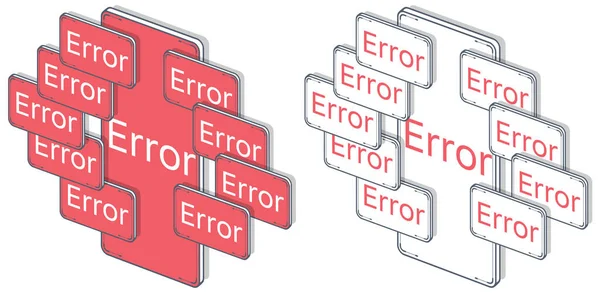 Vettore, schermo mobile isometrico con notifica di errore, allarme e pericolo.. Errore sullo schermo rosso mobile. Sfondo orizzontale, bianco. Appartamento isolato . — Vettoriale Stock