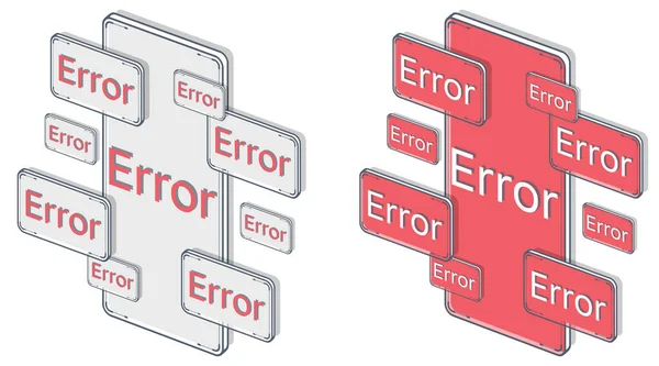 Vektor, isometrisk mobil skärm med fel, larm och faroanmälan.. Fel på röd skärm mobil. Horisontell, vit bakgrund. Isolerad lägenhet. — Stock vektor