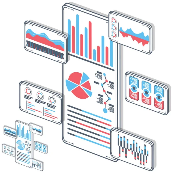 Análise estatística no vetor de dispositivos móveis. Analítico, sucesso, pesquisa, ideia com ilustrações isométricas. Gadget com gráficos diferentes gráficos e diagrama. Conceito 3D, fundo branco . — Vetor de Stock