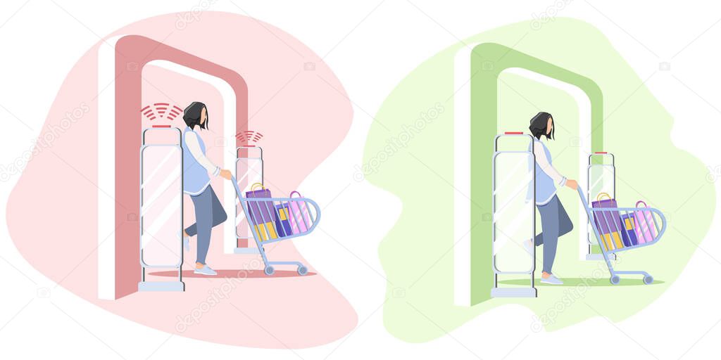 Woman goes through anti-theft sensor gates. System reports theft. Security system detect barcode and notify. Vector, illustration. Green color of frame - no stolen items. Red color - item was stolen.