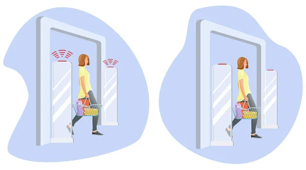 Frau geht durch diebstahlsicheres Tor. System meldet Diebstahl. Sicherheitssystem erkennt Barcode und benachrichtigt. Vektor, Illustration. Kein Signal von Toren - kein Diebesgut. — Stockvektor