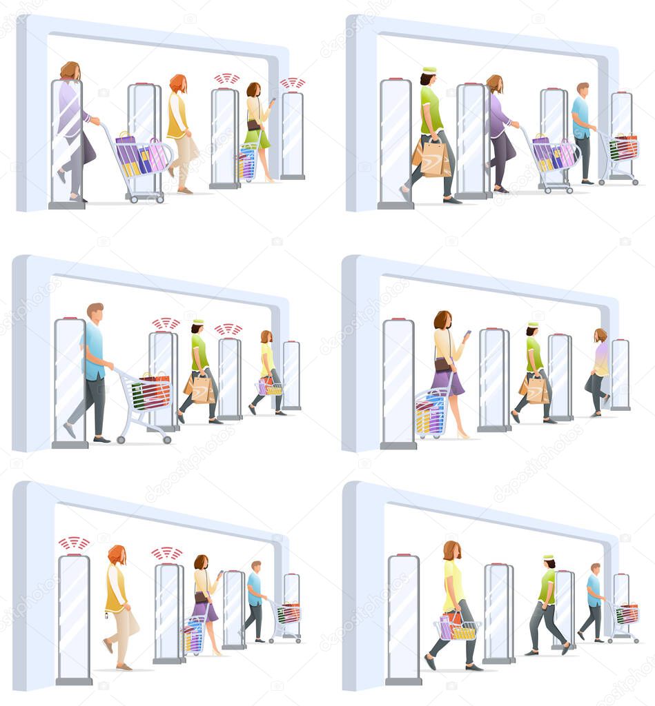 Set of shoplifting situation with anti-theft sensor gates. System reports theft. Security system detect barcode and notify. No signal from gates. People goes through sensors. Vector, illustration.