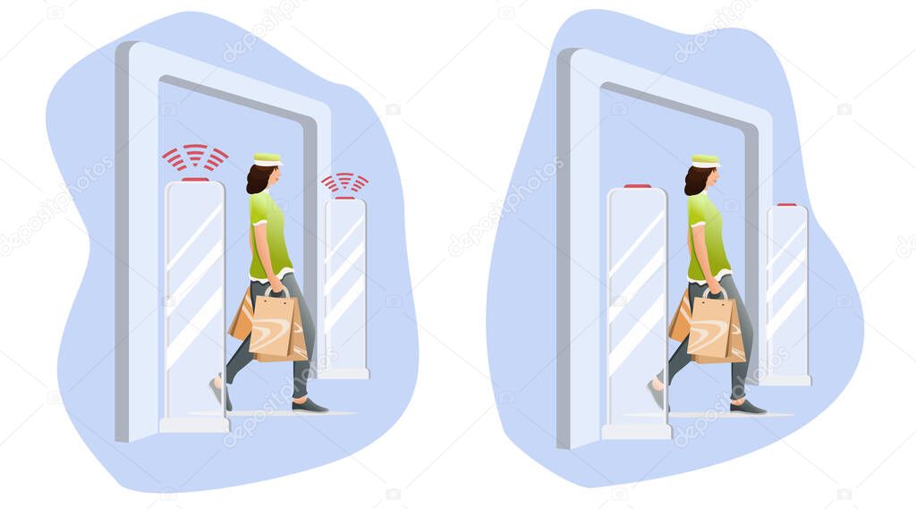 Woman with shopping bags goes through anti-theft sensor gates. System reports theft. Security system detect barcode and notify. Shoplifting situation with anti-theft sensor. Vector, illustration.