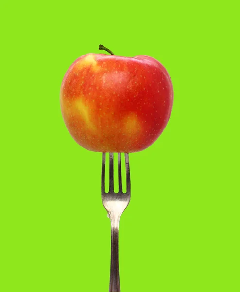 Apple Fork Здоровый Образ Жизни Органические Продукты Питания Изолированы Зеленом — стоковое фото