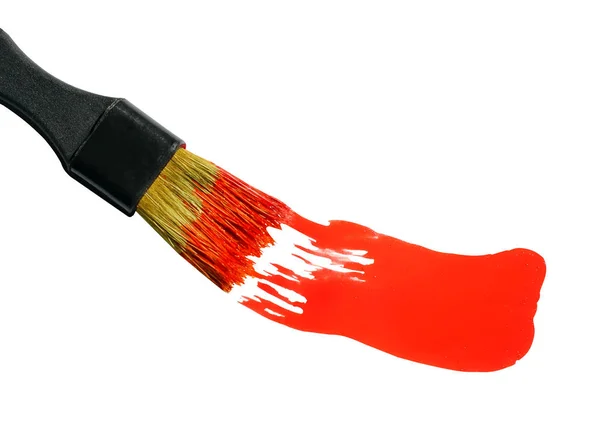 Brosse Avec Peinture Rouge Isolée Sur Fond Blanc Autocollant Avec — Photo