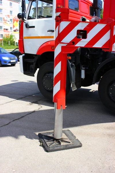 Support to the truck crane . Extended side truck outrigger stabilizer. Mobile telescopic sole