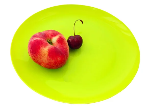 Broskev Třešně Žluté Desky Ovocem — Stock fotografie
