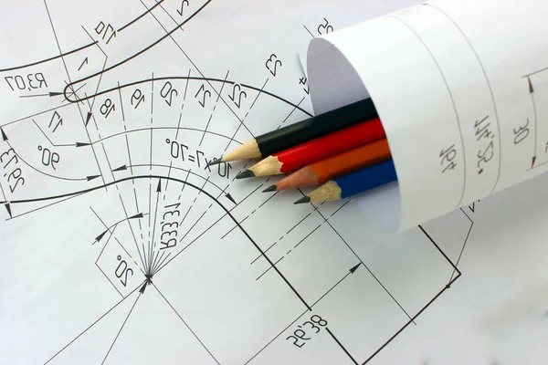Desenhos Abertos Com Lápis Engenharia Design Projectos Construção Planeamento — Fotografia de Stock