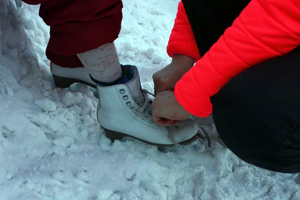 Shoes Close Skating Ice Skating Rink Outdoors Stock Image