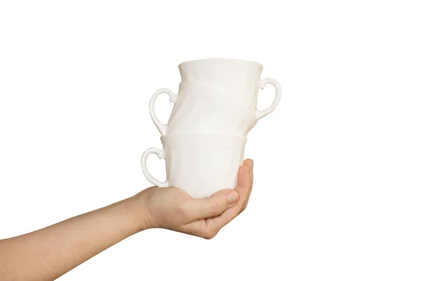 Kubek Kawy Szczotka Ręce Człowieka Izolowane Białym Tle Gesture Znak — Zdjęcie stockowe