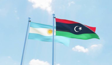 Arjantin ve Libya, iki bayrak sallayarak karşı mavi gökyüzü. 3D görüntü