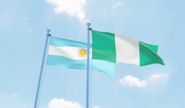 Arjantin ve Türkiye, iki bayrak sallayarak karşı mavi gökyüzü. 3D görüntü