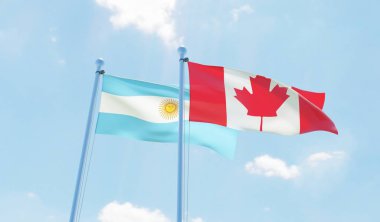 Arjantin ve Türkiye, iki bayrak sallayarak karşı mavi gökyüzü. 3D görüntü