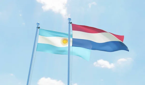 Argentine Pays Bas Deux Drapeaux Agitant Contre Ciel Bleu Image — Photo