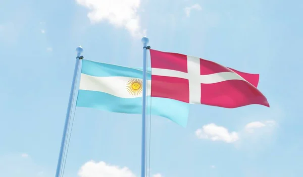Argentyna Dania Dwie Flagi Macha Przeciw Błękitne Niebo Obraz — Zdjęcie stockowe