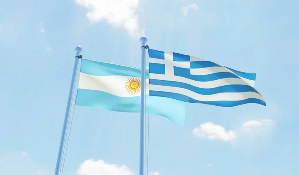 Argentina Grecia Dos Banderas Ondeando Contra Cielo Azul Imagen —  Fotos de Stock