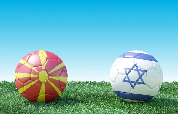 Två Fotboll Bollar Flaggor Färger Grönt Gräs Norra Makedonien Och — Stockfoto