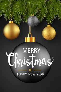 Noel tebrik kartı, çam dalları ve noel baloları. Vektör illüstrasyonu