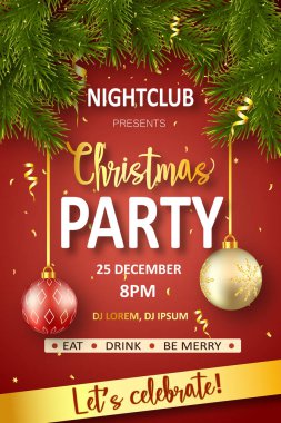 Parlak kırmızı arka planda parlak toplar ve çam dalları olan bir Noel partisi davetiyesi şablonu. Vektör