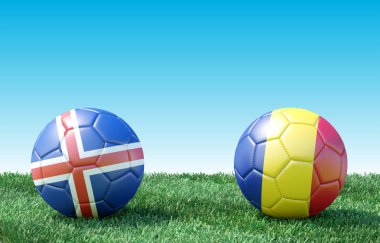 Yeşil çimlerin üzerinde bayraklı iki futbol topu. İzlanda ve Romanya. 3d resim