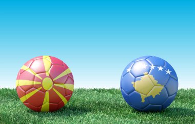 Yeşil çimlerin üzerinde bayraklı iki futbol topu. Kuzey Makedonya ve Kosova. 3d resim