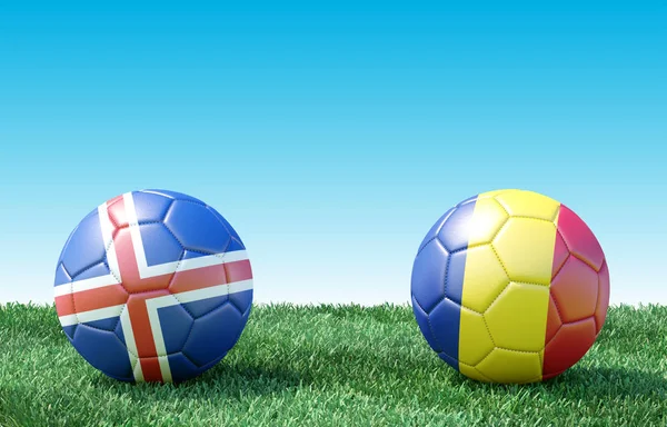 Два Футбольних Яча Зеленій Траві Ісландія Румунія Зображення — стокове фото
