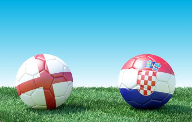 Yeşil çimlerin üzerinde bayraklı iki futbol topu. İngiltere ve Hırvatistan. 3d resim