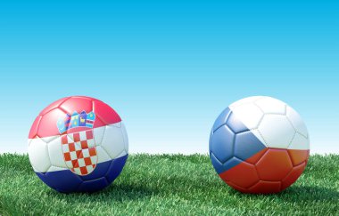 Yeşil çimlerin üzerinde bayraklı iki futbol topu. Hırvatistan ve Çek Cumhuriyeti. 3d resim