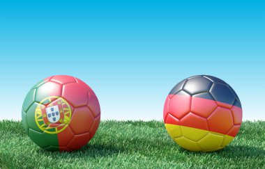 Yeşil çimlerin üzerinde bayraklı iki futbol topu. Portekiz ve Almanya. 3d resim