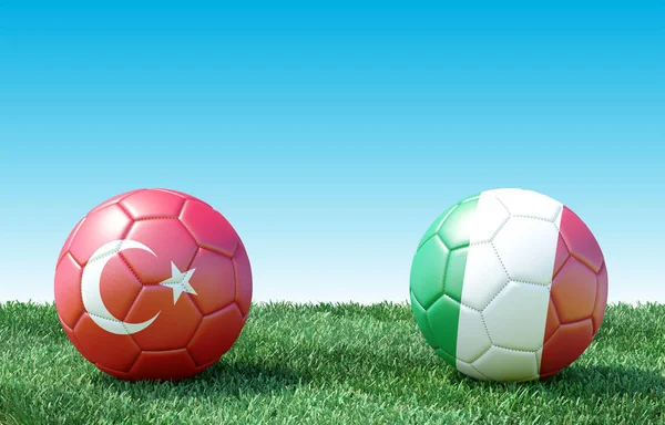Yeşil çimlerin üzerinde bayraklı iki futbol topu. Hindi ve İtalya. 3d resim