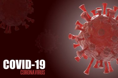 COVID-19 pankartı ve virüsün gerçekçi bir modeli. 3d resim