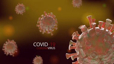COVID-19 pankartı ve virüsün gerçekçi bir modeli. 3d resim