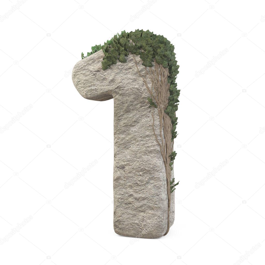 Realistic stone numbers with ivy, isolated on a white background. 3d image
