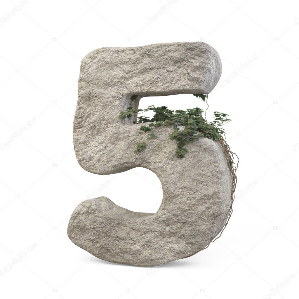 Realistic stone numbers with ivy, isolated on a white background. 3d image