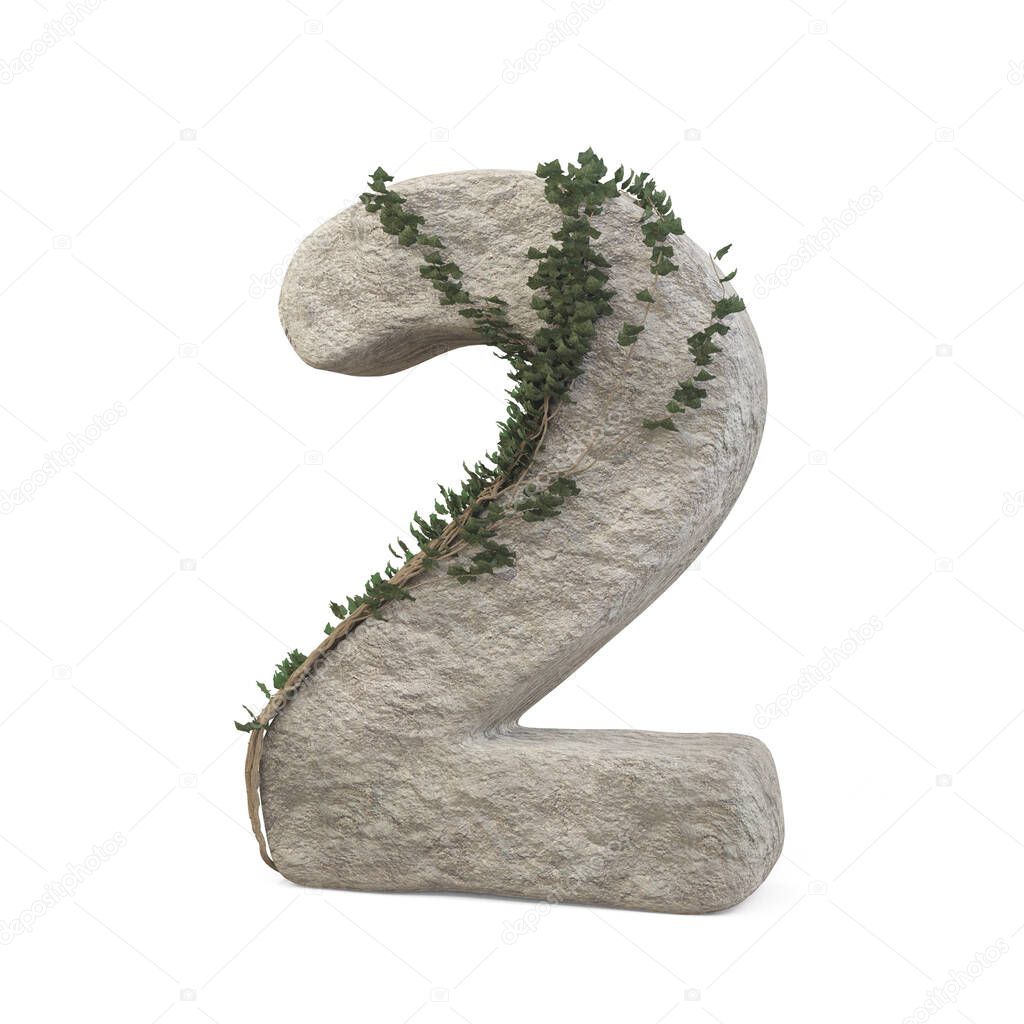 Realistic stone numbers with ivy, isolated on a white background. 3d image