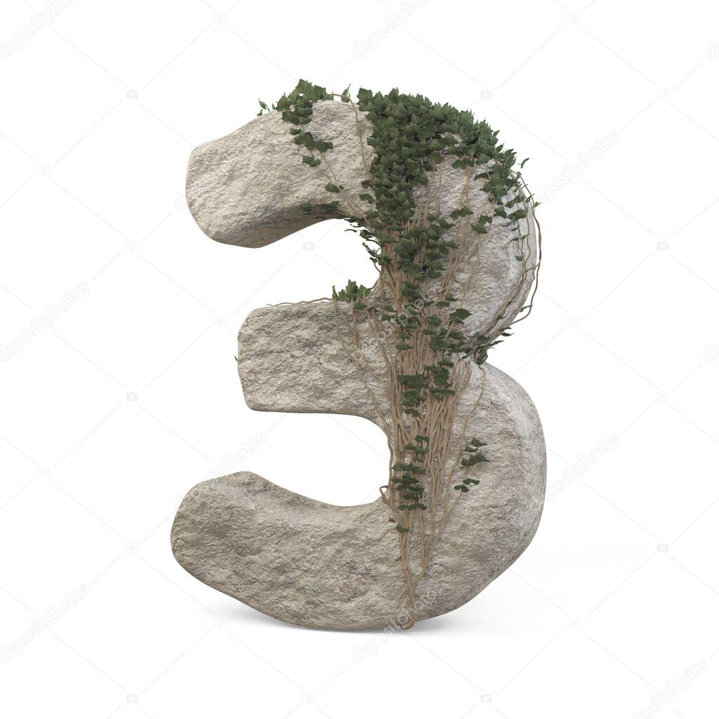 Realistic stone numbers with ivy, isolated on a white background. 3d image