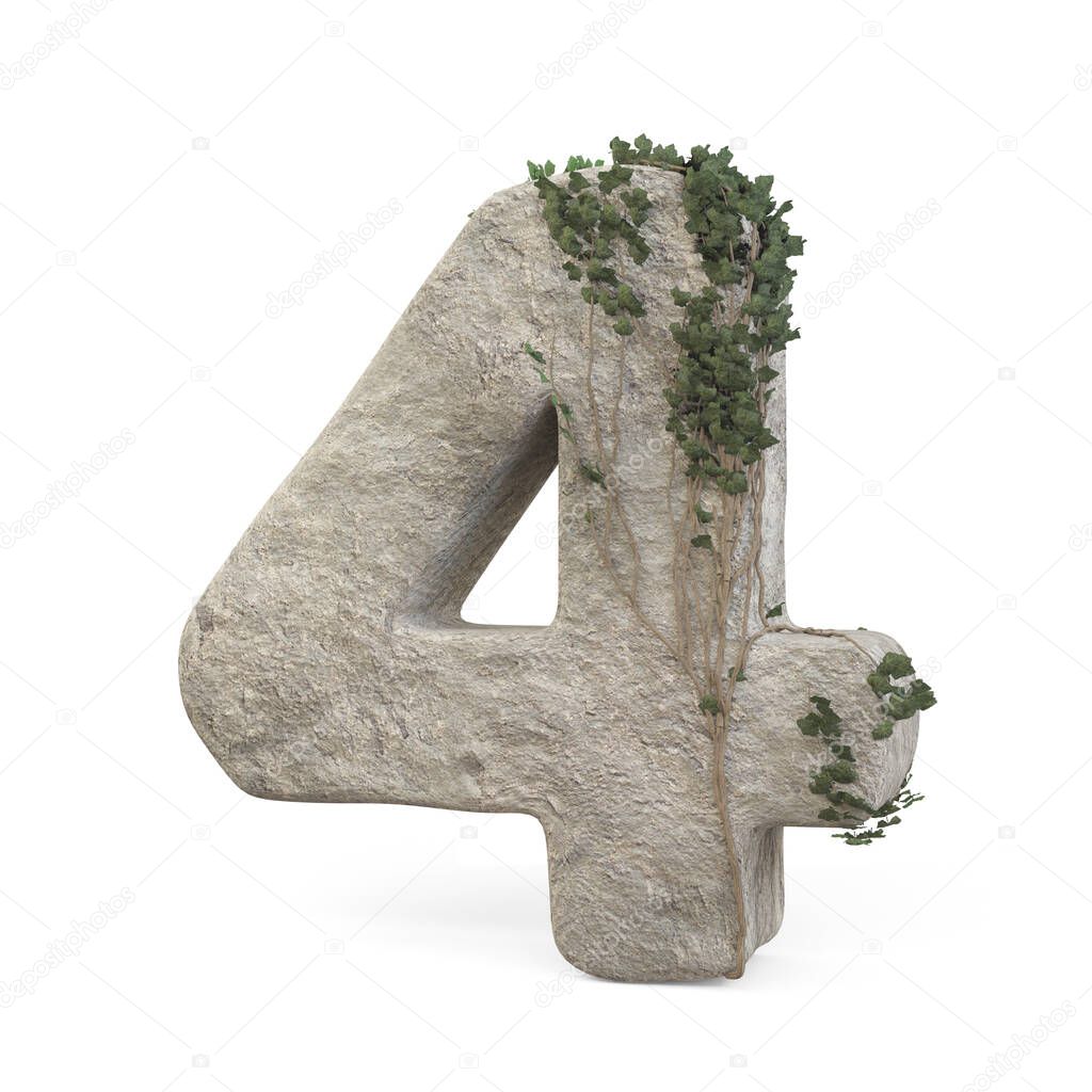 Realistic stone numbers with ivy, isolated on a white background. 3d image