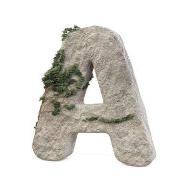 Sarmaşıklı gerçekçi taş harfler, beyaz arka planda izole edilmiş. 3d resim