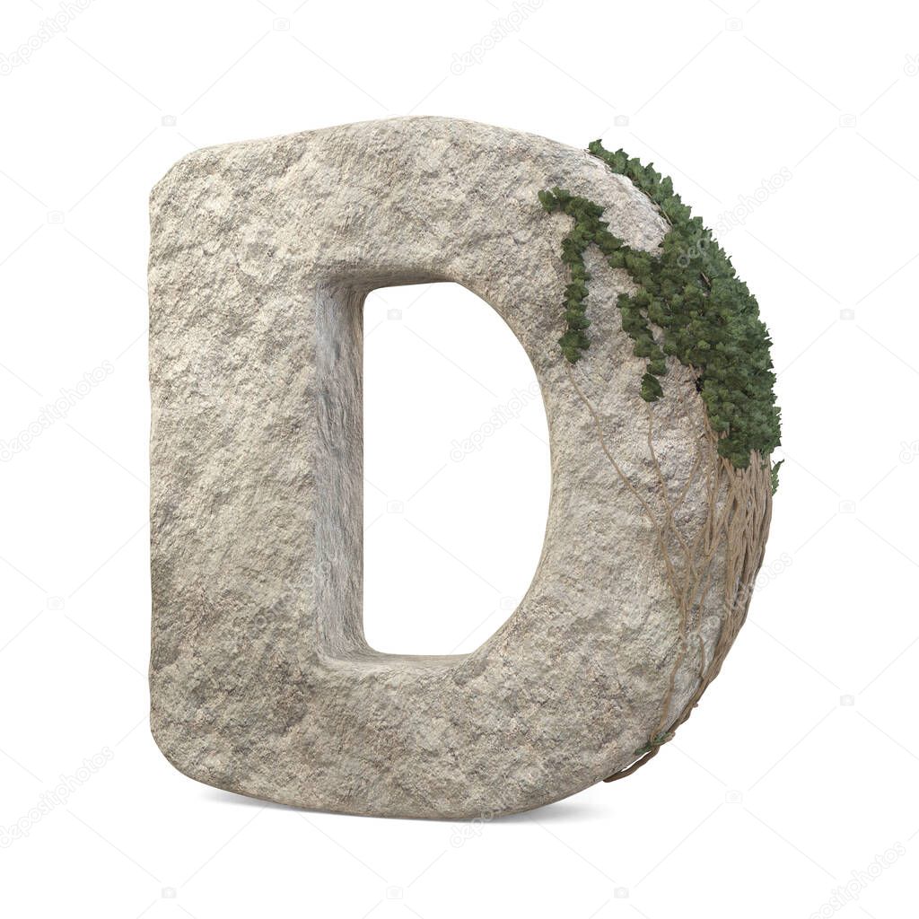 Realistic stone letters with ivy, isolated on a white background. 3d image