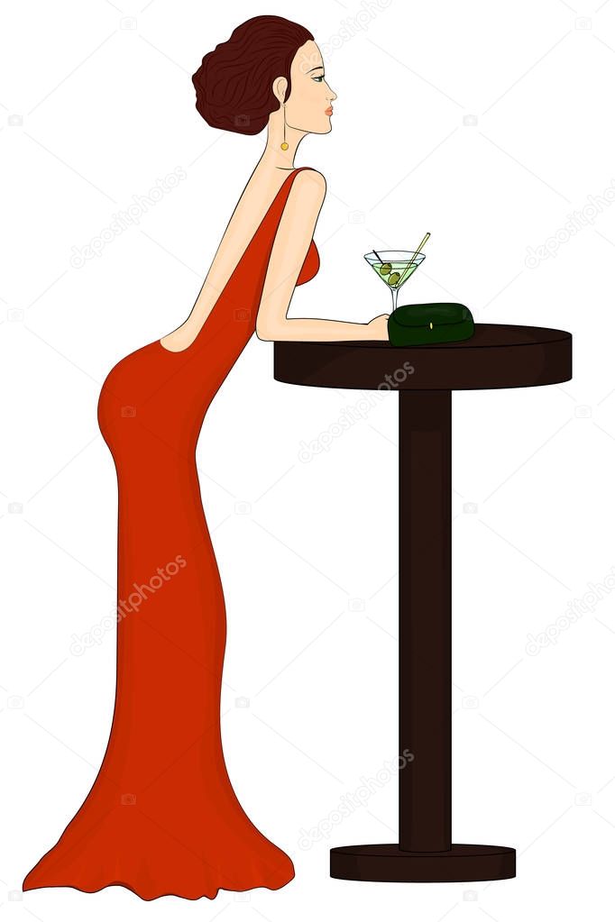 A lonely girl drinks a martini. Woman in a red dress. Loneliness. Girl with alcohol. Red-haired girl. Young slender woman. A tall thin woman. The girl in the bar. Red dress, green bag. Vector EPS 10