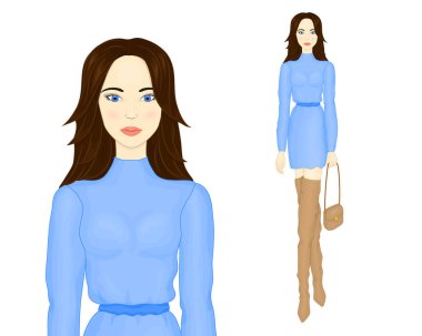 Moda illüstrasyon. Mavi elbiseli bir kız, bir kız bej olarak çizme. Genç güzel kadın. Uzun saçlı esmer. Bir kızın cesedi. Genç bir kadının güzel yüz. Güzel model vektör Eps 10.