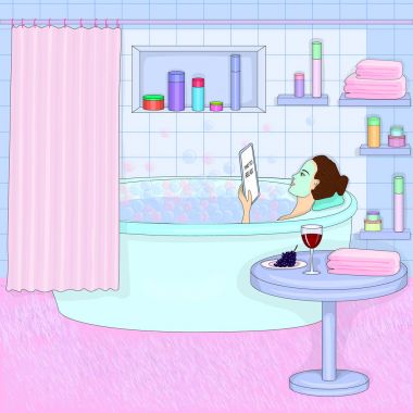 Moda illüstrasyon. Genç bir kadın banyo köpüğü ile alır. Yüzünde maske olan bir kadın. Cilt Bakımı, spa prosedürler. Banyo iç. Gevşeme. Pastel renkli resim. Vektör Eps 10.