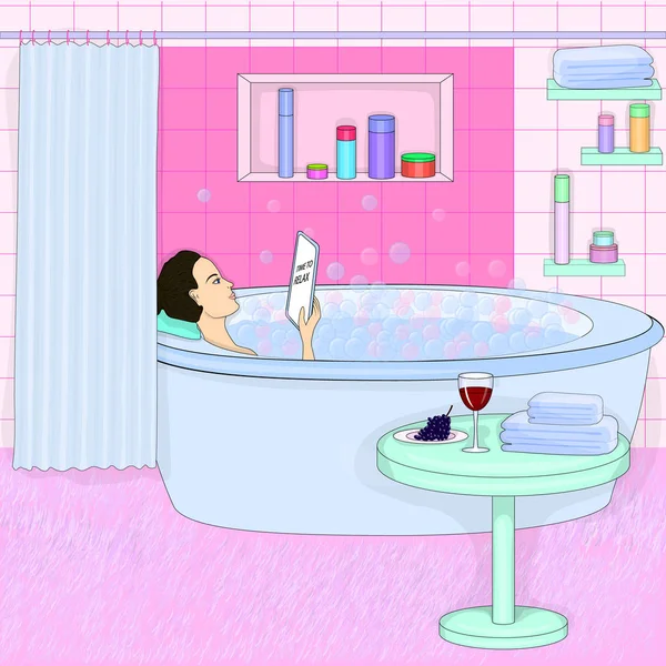 Εικονογράφηση Μόδας Κορίτσι Παίρνει Ένα Μπάνιο Αφρό Γυναίκα Στο Μπάνιο — Διανυσματικό Αρχείο