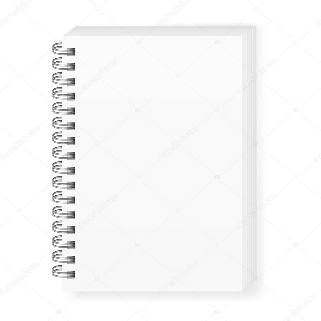 Realistic vector image (mock-up) of an open notebook, isolated on white, top view. White sheets of notebook, fastened with a silver (dark gray) spiral, shifted up and to the right, 3d. Vector EPS 10.