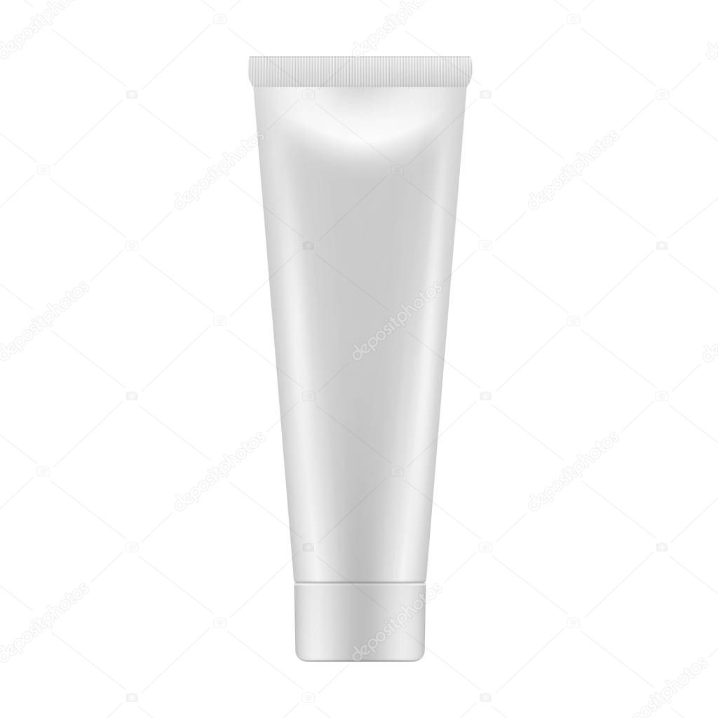 Vector realistic white image (mock-up, layout) of plastic packaging (bottle, tube) for cosmetics, 3d. Vector EPS 10.