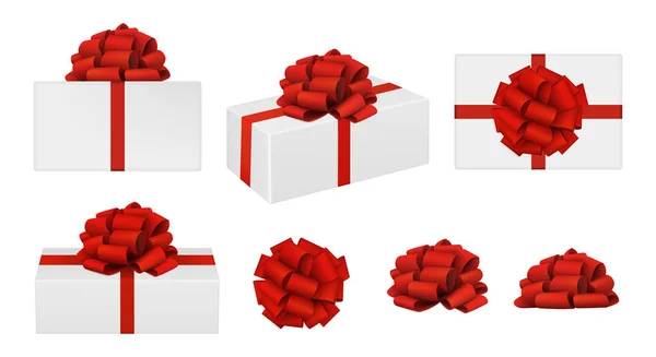 Set Vector Realistic Red Bows Gift Boxes Top View Side — Stock Vector