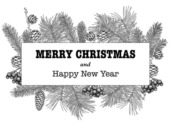 Vector Christmas Card Vintage Style Hand Drawn Rowan Berries Cones Stock Illustration