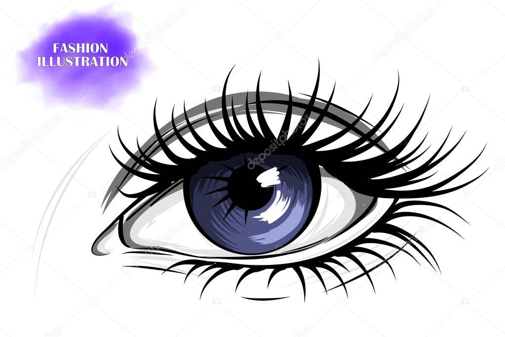 Hand-drawn image of a blue eye with eyebrows and long eyelashes. Fashion illustration. EPS 10 vector.